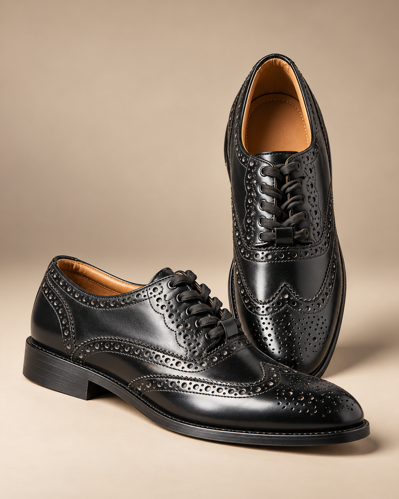 Men’s Black Full Brogue Wingtip Lace-Up Formal Shoes