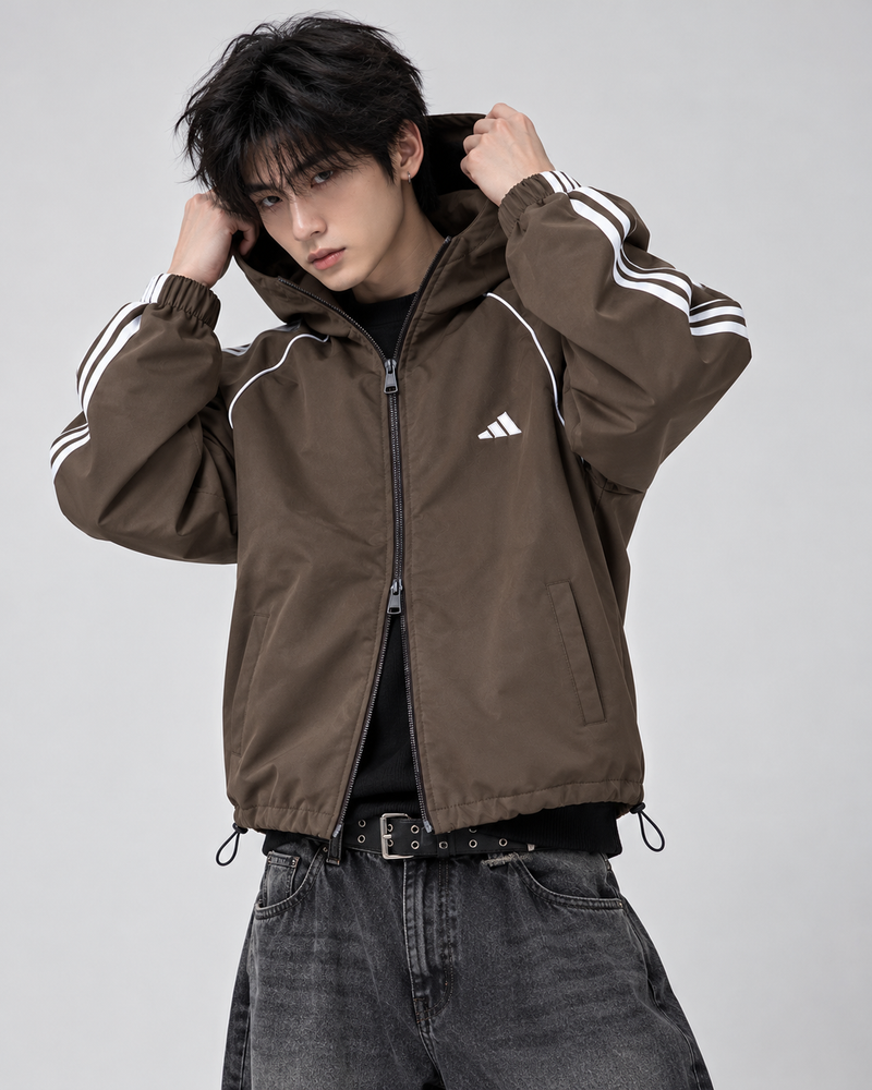 Adidas Hooded Double Zipper Windbreaker Jacket