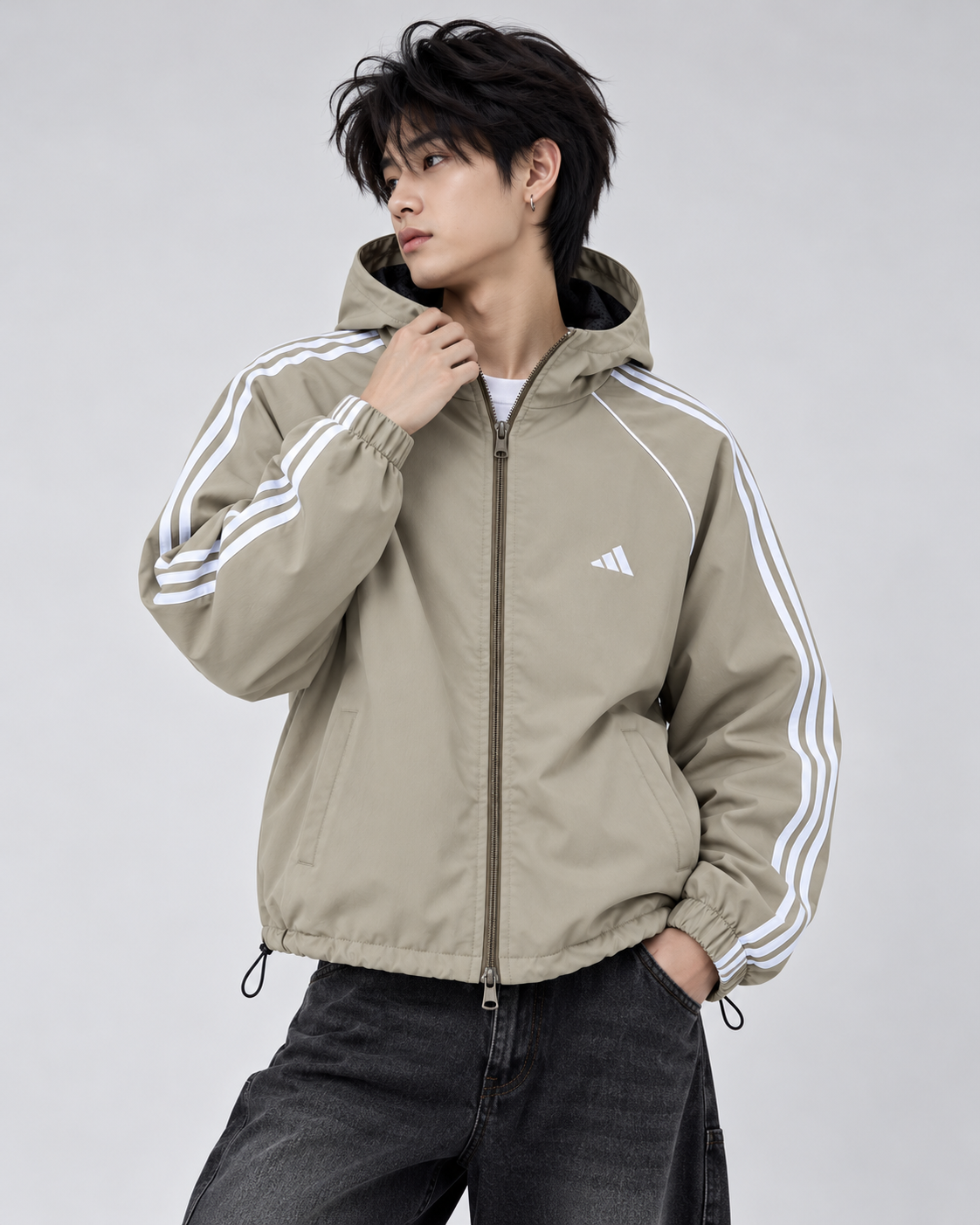 Adidas Hooded Double Zipper Windbreaker Jacket