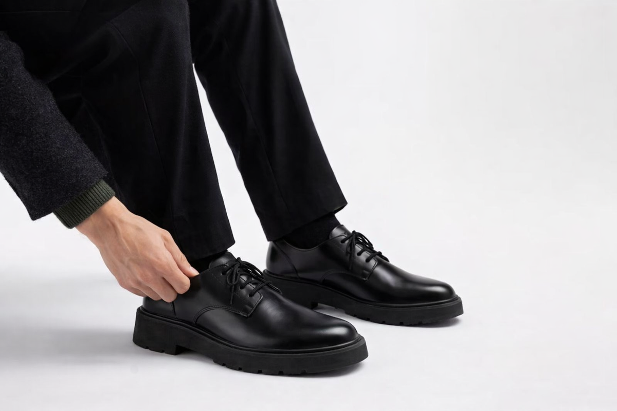 BLACK PLAIN TOE DERBY SHOES