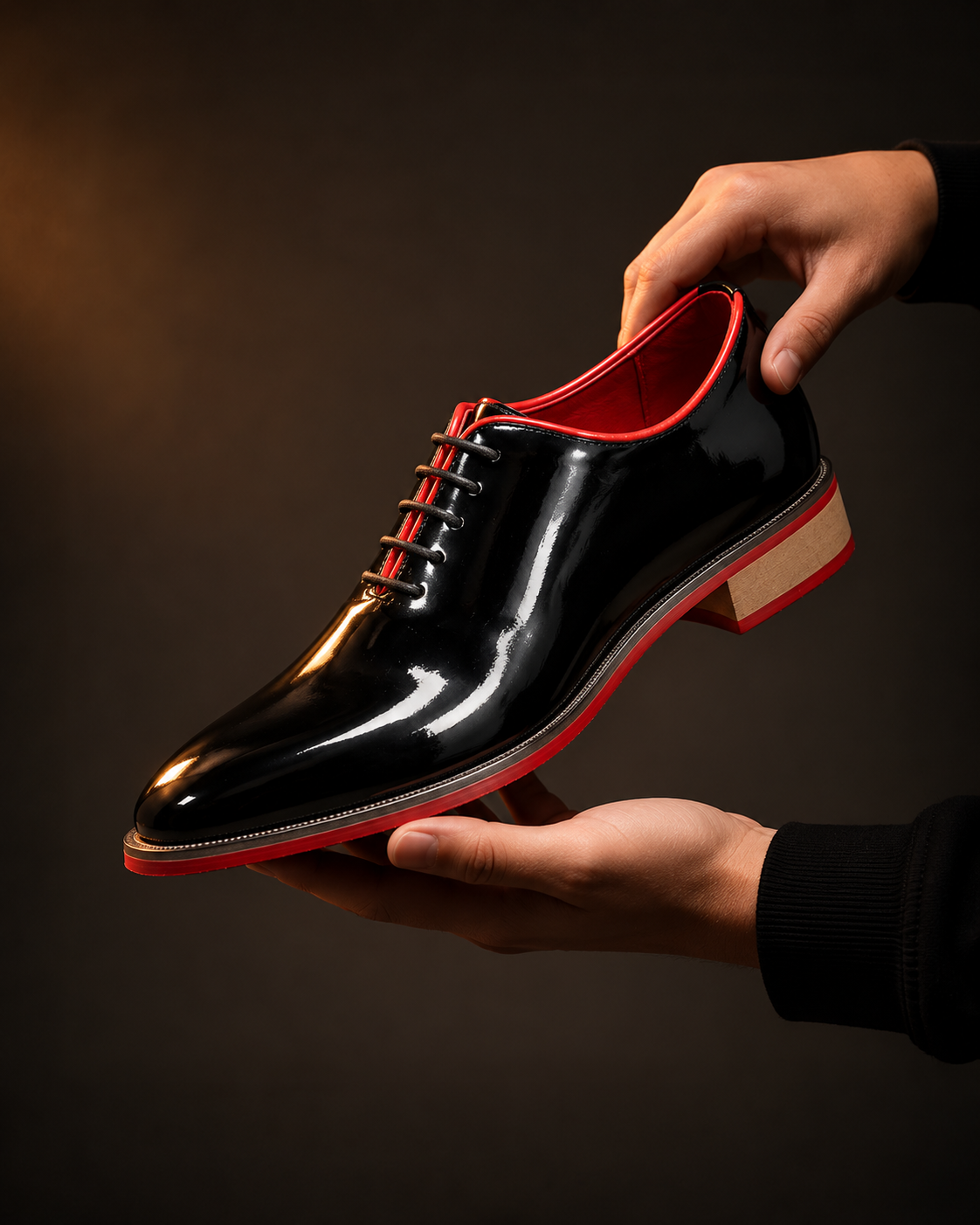 Men’s Black Glossy Lace-Up Formal Shoes with Red Sole