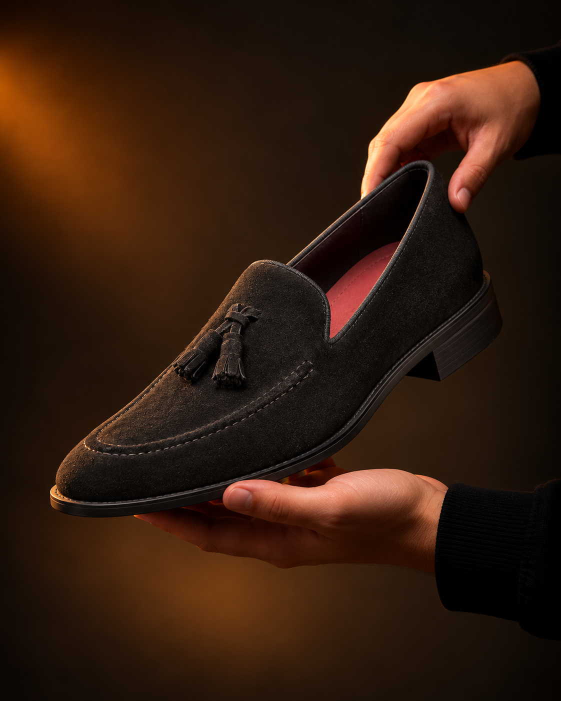 Men’s Black Suede Tassel Loafers with Contrast Stitching