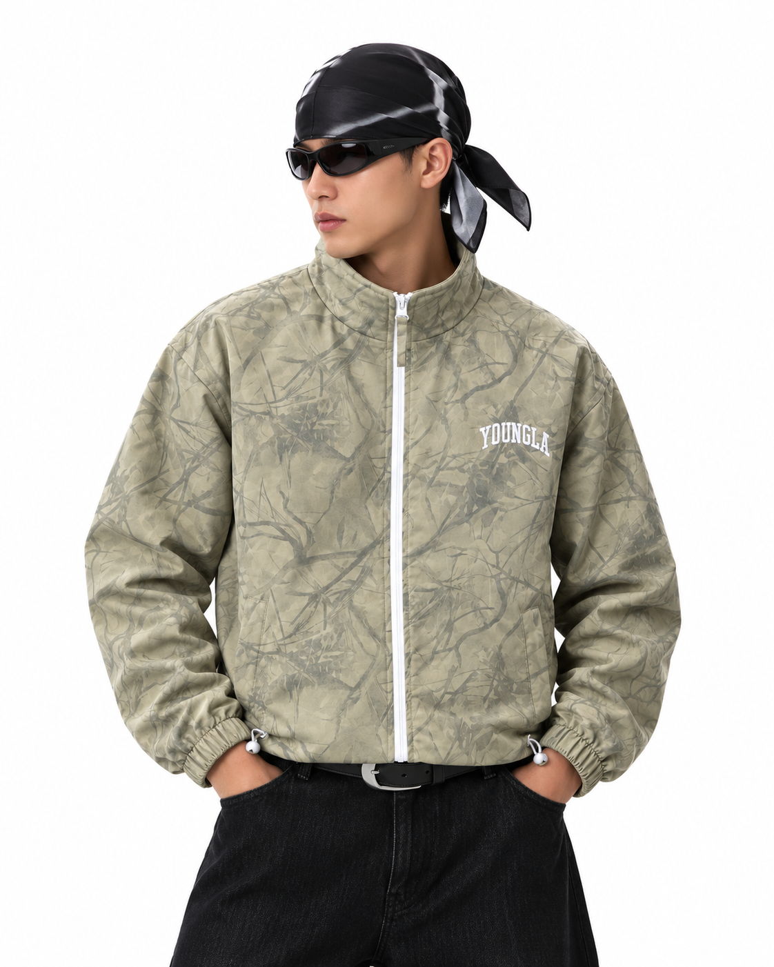 YOUNGLA Camouflage High-Neck Zip-Up Jacket