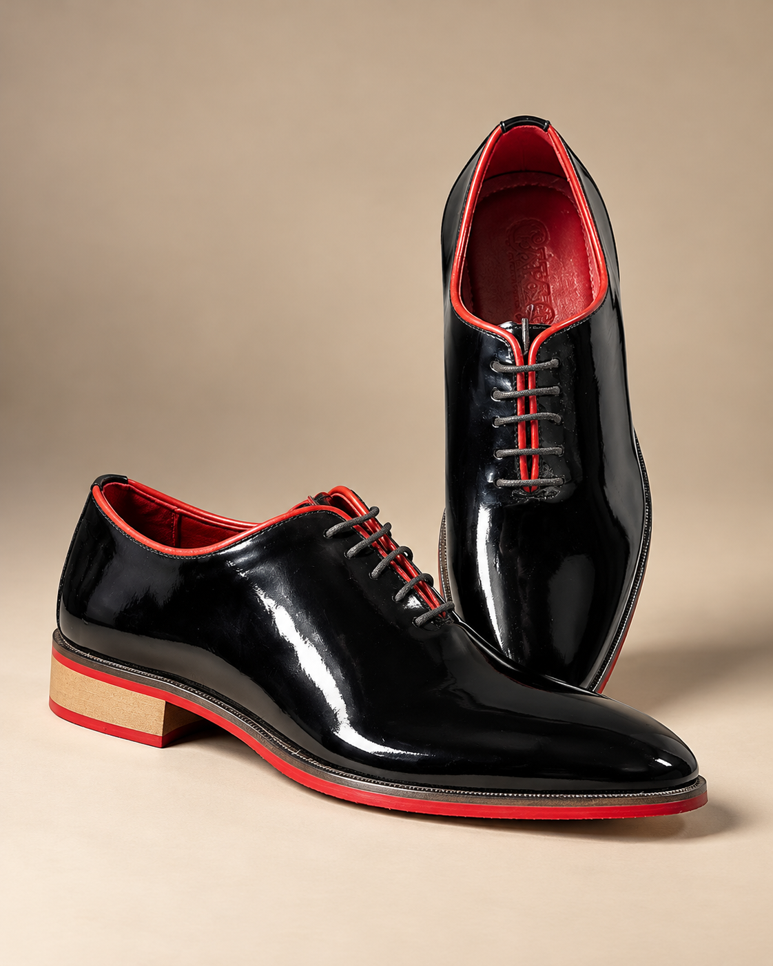 Men’s Black Glossy Lace-Up Formal Shoes with Red Sole