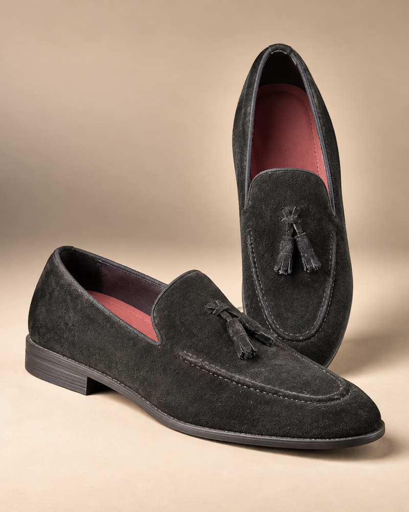 Men’s Black Suede Tassel Loafers with Contrast Stitching